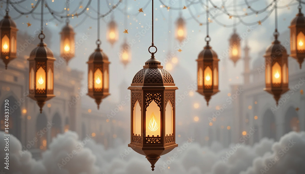 Obraz premium Illuminated lanterns hanging against a blurred background of buildings and clouds