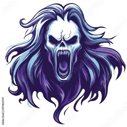 Dynamic esports logo featuring a fierce skull with flowing hair and an intense, open-mouthed expression in a bold design
