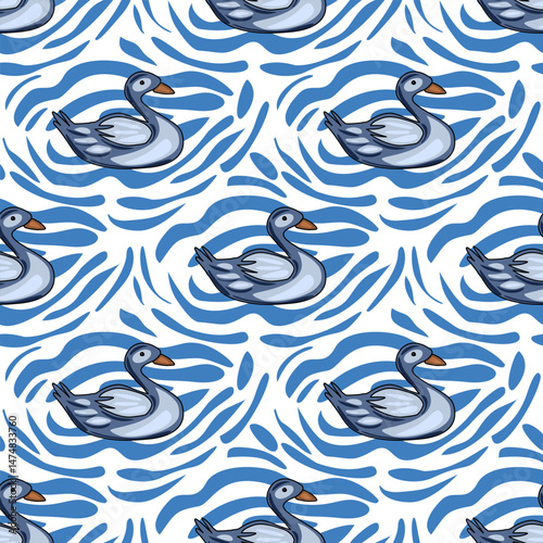 Seamless vector pattern featuring stylized grey swans gracefully gliding on an abstract blue and white wavy water background, creating a calming and elegant design.