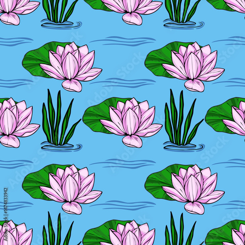 A vibrant vector seamless pattern featuring delicate pink water lilies, lush green lily pads, and swaying aquatic grasses on a tranquil light blue water backdrop, creating a serene and harmonious 