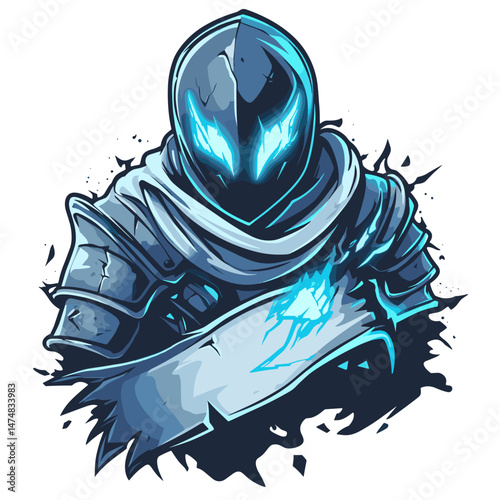 Dynamic vector esports logo featuring a bold, armored character with glowing blue accents and a flowing banner