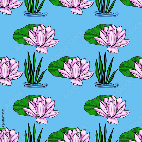 A vibrant vector seamless pattern featuring delicate pink water lilies, lush green lily pads, and vibrant aquatic grasses, set against a serene light blue backdrop.