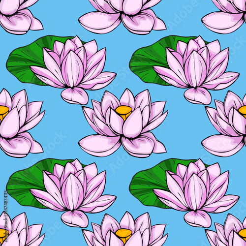 A vibrant vector seamless pattern featuring stylized pink lotus flowers with yellow centers, blooming atop lush green lily pads against a light blue background, creating a serene and elegant design.