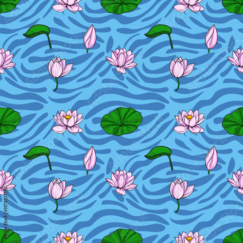 Serene vector seamless pattern featuring delicate pink lotus flowers and lily pads floating on a stylized blue water surface with wavy texture.