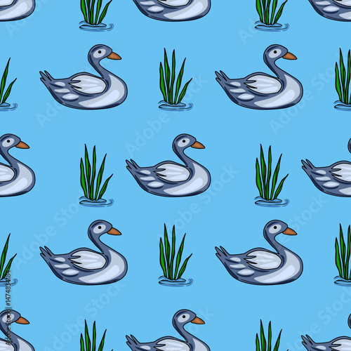 Seamless vector pattern featuring stylized grey ducks gracefully swimming amidst vibrant green reeds on a serene light blue water backdrop.
