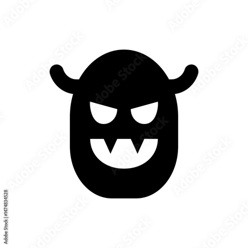 Illustration of a black cartoon monster with horns, sharp teeth, and glowing white eyes on a white background
