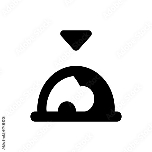 Black and white graphic illustration of an abstract hourglass with a downward pointing triangle above it