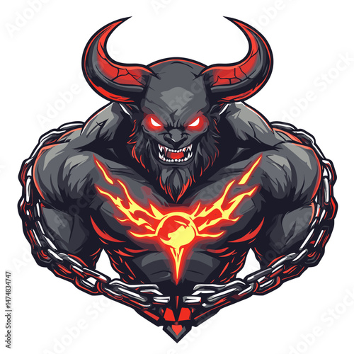Dynamic vector esports logo featuring a muscular demon with glowing eyes and chains, perfect for competitive gaming teams and events