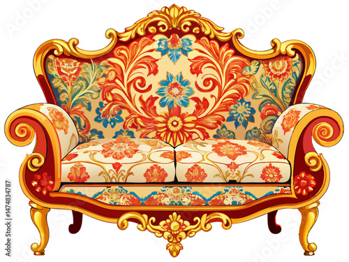 A flat vector of a luxurious classic couch with curved armrests and floral patterns. White background, stylish interior concept
