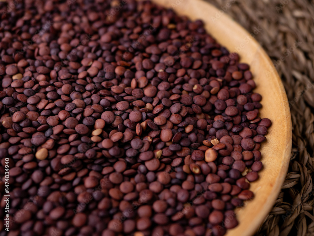 Organic uncooked seeds dark red brown lentils. Organic uncooked seeds dark red brown lentils.
