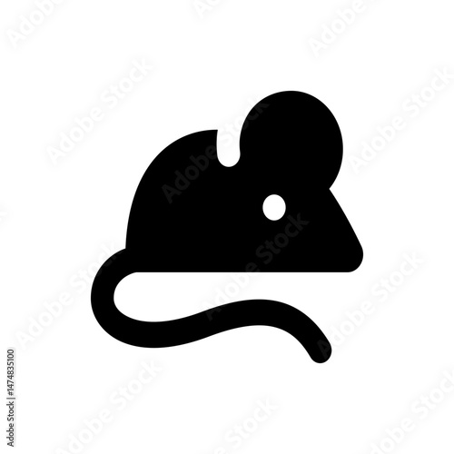 Silhouette of a rodent with a long tail and a round ear depicted in a solid black color on a white background