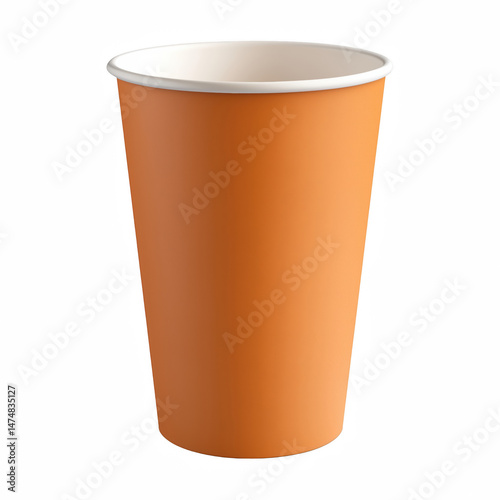 Minimalist orange paper cup with white interior, disposable drink container for coffee, juice, or takeaway beverages, isolated on transparent background.