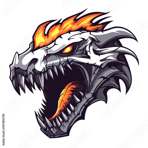 Dynamic vector esports logo featuring a fierce dragon-like creature with fiery details and sharp teeth, showcasing power and intensity