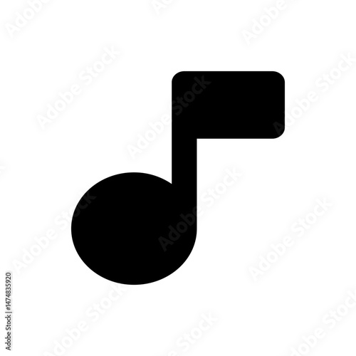 A simple black musical note with a round head and a flag extending to the right side on white background