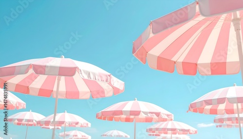 soft Pink and white striped beach umbrellas under a clear blue sky, space for copy