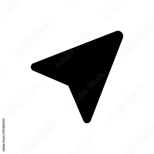 Black paper airplane like shape pointing to the right direction on a white isolated background view