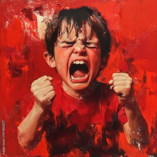 Distressed boy with closed eyes screams with fury in a bold crimson painted portrait showcasing intense emotion
