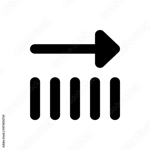 Black arrow pointing right above five vertical bars indicating movement or transmission on white background