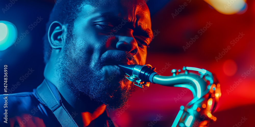 Fototapeta premium Musician passionately playing saxophone with colorful stage lighting