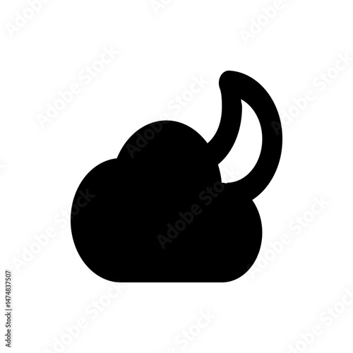 Black silhouette of a cloud with a crescent moon shape overlapping it on a white isolated background view