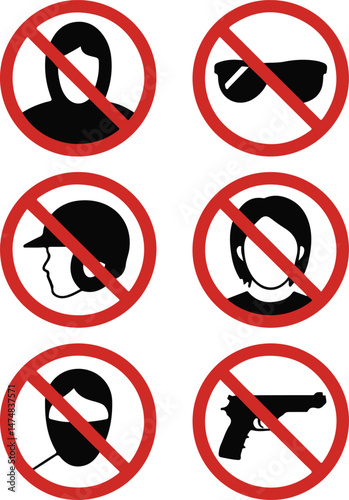 Prohibited Items Signage No Hoodies, Sunglasses, Helmets, Masks, or Guns Allowed