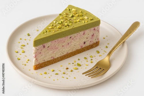 Pistachio cheesecake slice with creamy berry layer and crushed pistachio topping on beige ceramic plate with golden fork