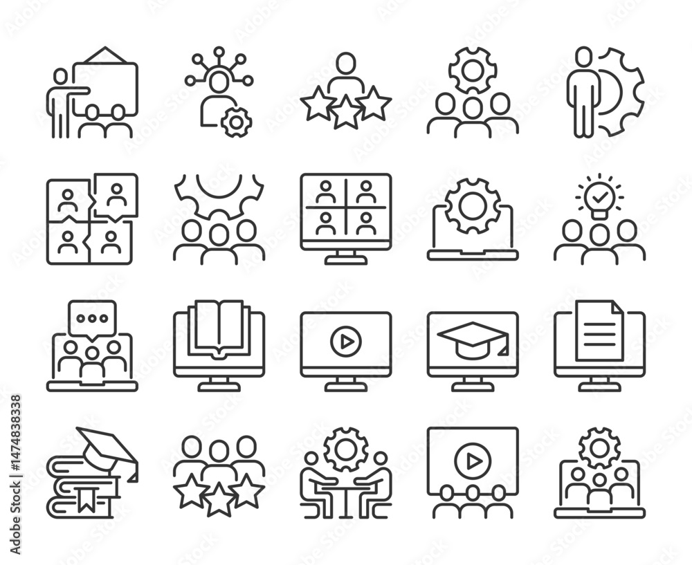 Fototapeta premium Workshop icons. Business training line icon set. Editable Stroke.