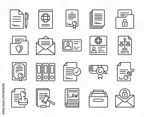 Document icons. Legal documents line icon set. Editable Stroke.