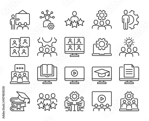 Workshop icons. Business training line icon set. Editable Stroke.