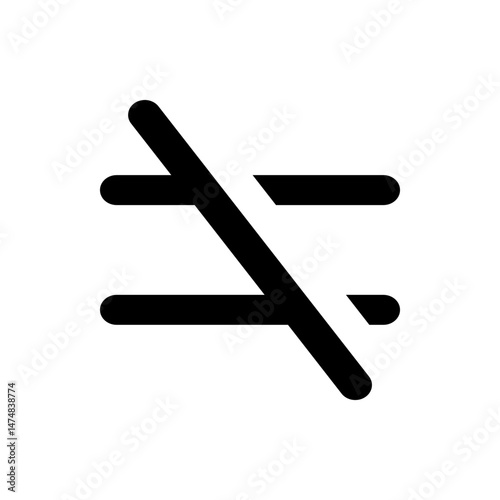 Illustration of a not equal symbol with two horizontal lines crossed by a diagonal line in black color