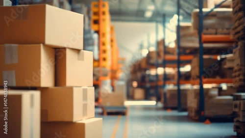 Stacks of cardboard boxes in a spacious warehouse with metal shelving and organized industrial storage racks in the background.
