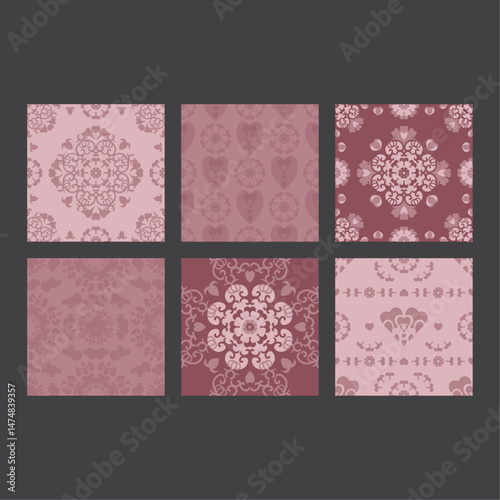 Set of Seamless Patterns. Rosewood and Pastel Pink Colors.