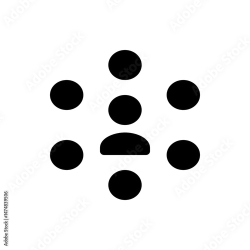 Illustration of seven black circles arranged in a pattern with a semi circle shape in the center design element