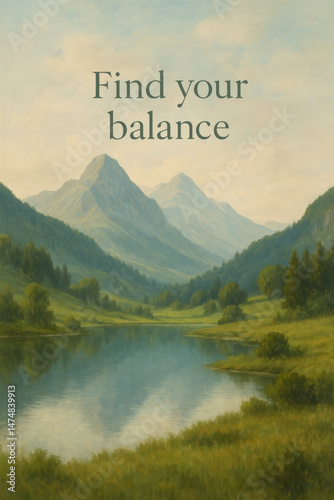 Find your balance calming illustration with peaceful mountain scenery and reflective lake