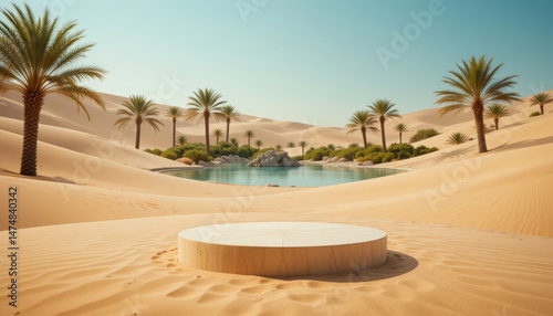 Fototapeta Naklejka Na Ścianę i Meble -  serene desert oasis with circular wooden platform in foreground, surrounded by golden sand dunes, lush green palm trees, and tranquil water body under clear blue sky.