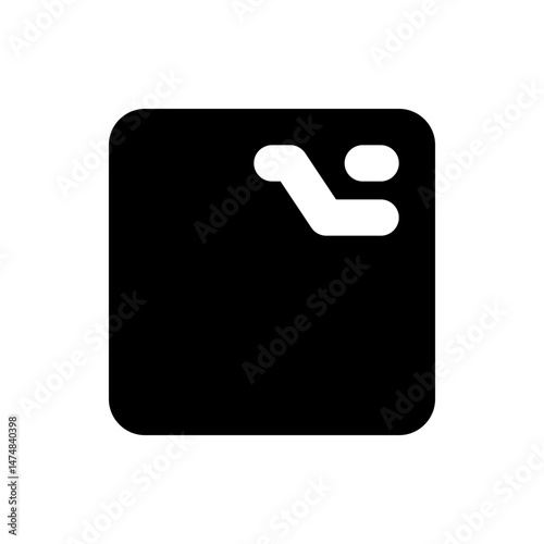 Illustration of a black rounded square with a white curved line and circle in the upper right corner