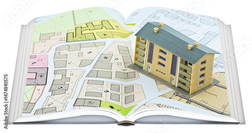 Imaginary cadastral map and general urban plan with cadastral parcels, urban destinations, vacant land plots and condominium residential building - Real opened book concept