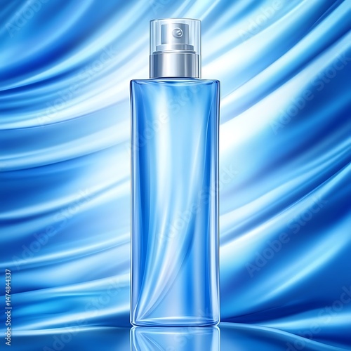 Sleek blue perfume bottle on shimmering silk backdrop for cosmetic ads