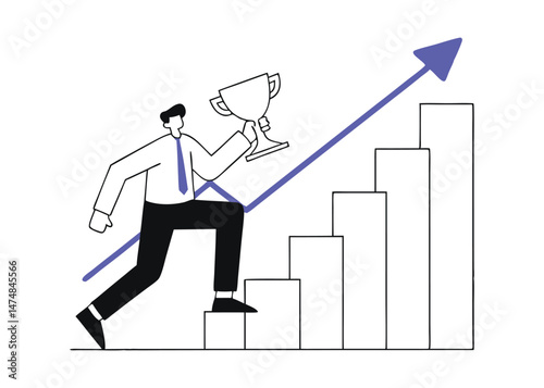 Businessman with trophy runs up stairs and growth chart, business success, vector 