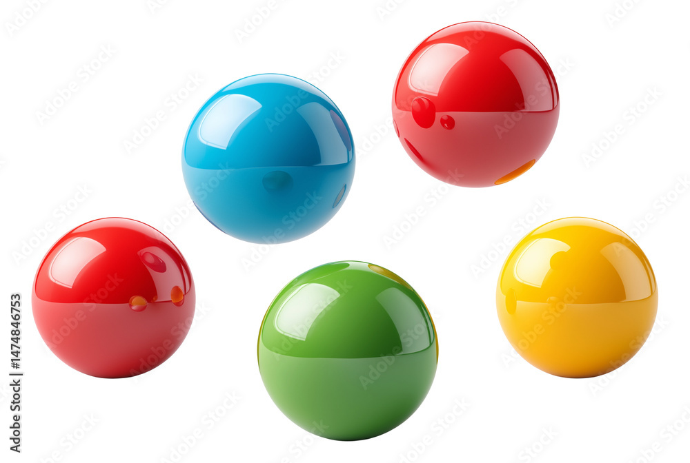 Five glossy, colorful spheres in red, blue, green, and yellow are displayed on transparent background. Five glossy, colorful spheres in red, blue, green, and yellow are displayed on transparent background.