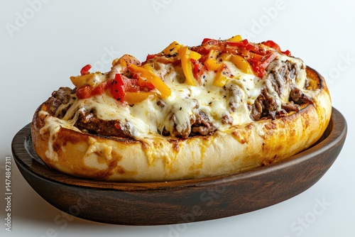 A large, loaded sub filled with beef, peppers, and melted cheese