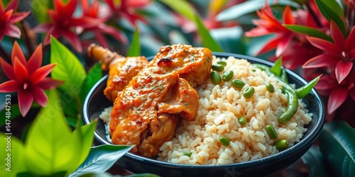 Golden jerk chicken, vibrant rice, tender beans, tropical foliage,   bright,  tropical