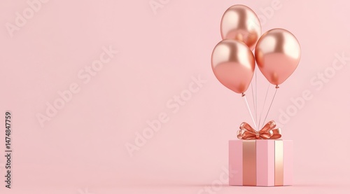gift box with rose gold balloons floating out of it, against a pink background.