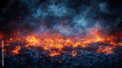 Fiery landscape with flames rising from dark ground, smoke and sparks in the air