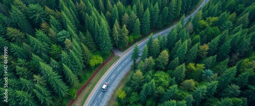 Emerald forest road, car and truck drive, aerial view, road, journey
