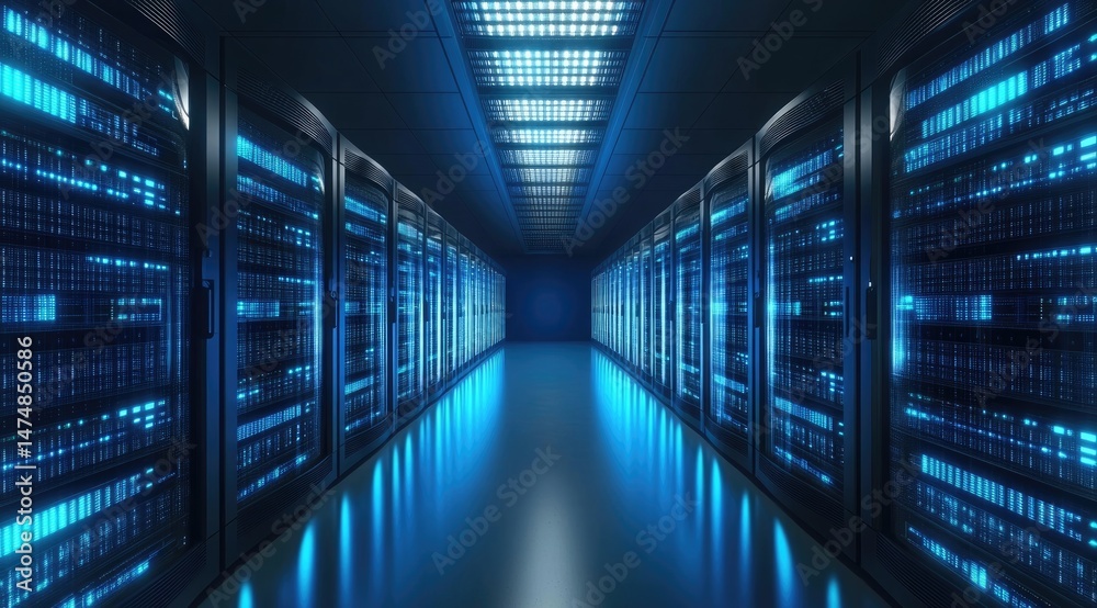 Fototapeta premium Symmetrical hallway of high-tech data center with blue glowing servers on both sides and illuminated ceiling lights, representing cloud computing and digital networks
