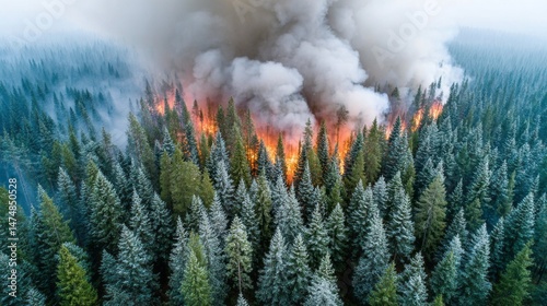 A forest fire is raging through a forest, with smoke billowing into the sky photo