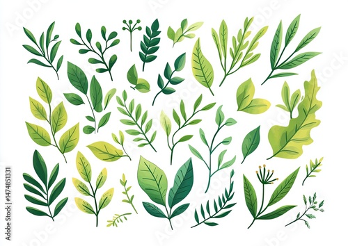 Collection of various plant leaves and branches in vibrant green hues, displayed on a white background.  Detailed illustrations of different leaf shapes, sizes, and textures. 