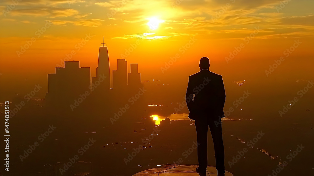 Fototapeta premium Silhouette of man overlooking city at sunset