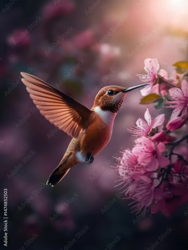 Fototapeta premium Close-up of a hummingbird in flight, surrounded by flowers in shades of pink and purple, against a spring background